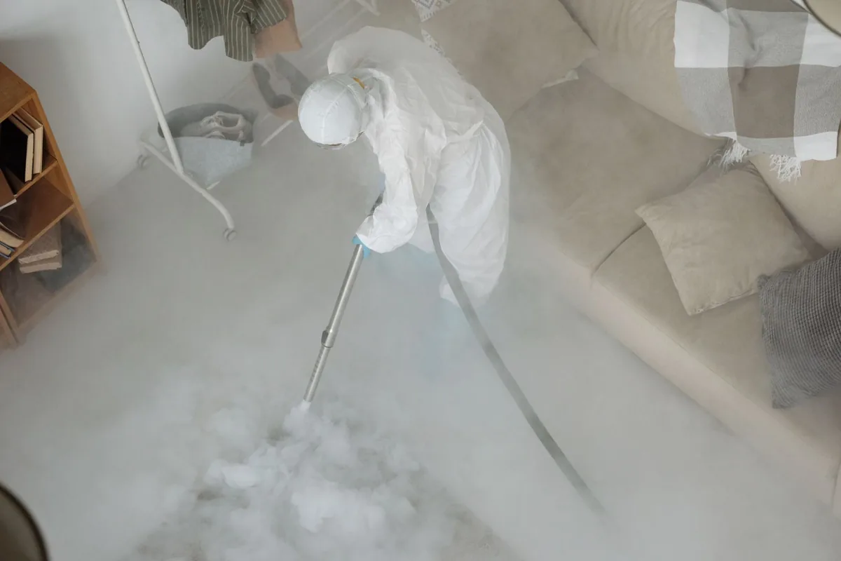 Biohazard cleanup technician in protective equipment, Craig Beach, OH